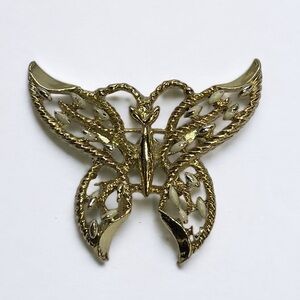 Vintage Gold Butterfly Brooch With White Cabochon Accents